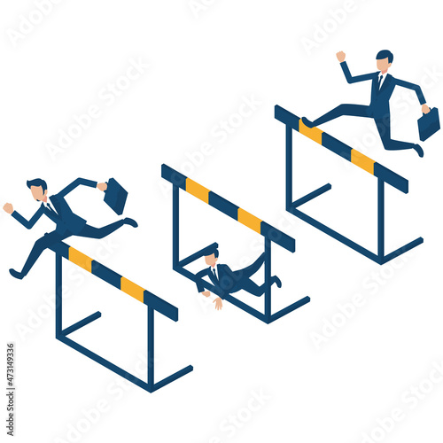 困難やハードルにチャレンジして飛び越えていくビジネスマンたちのアイソメイラスト