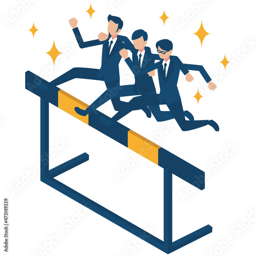 チームワークを重視して肩を組んで困難やハードルにチャレンジして飛び越えていくビジネスマンたちのアイソメイラスト