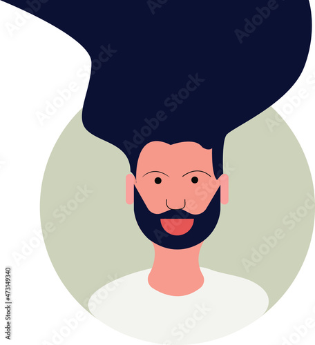 Portrait of a man with a beard and hairstyle that goes beyond the circle. A cloud of thoughts over a person.