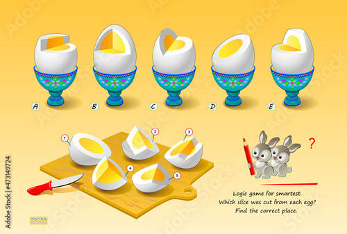 Logic game for smartest. Which slice was cut from each egg? Find the correct place. 3D puzzle. Play online. Developing spatial thinking skills. Printable page for brain teaser book. IQ test.