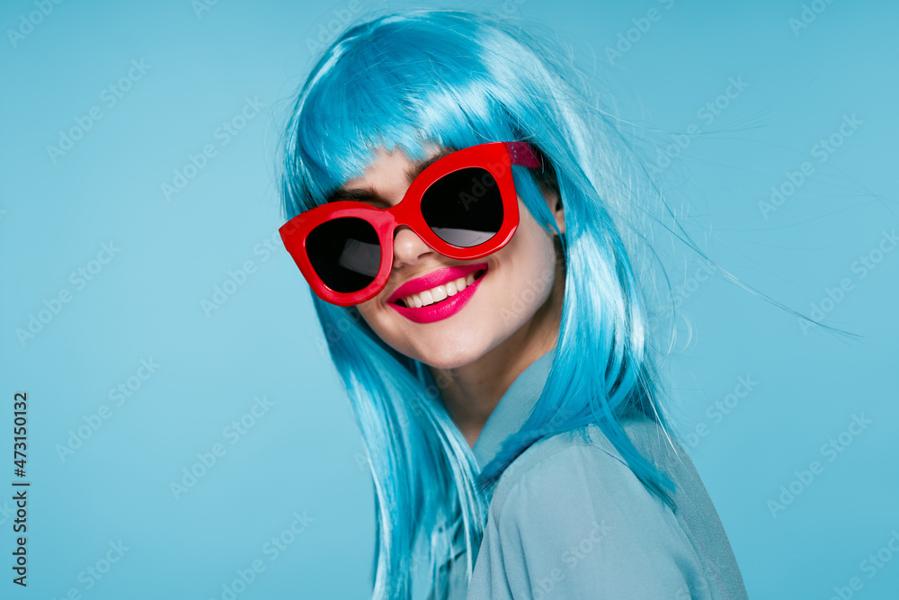 attractive woman in purple wig red glasses posing close-up attractive woman in purple wig red glasses posing close-up