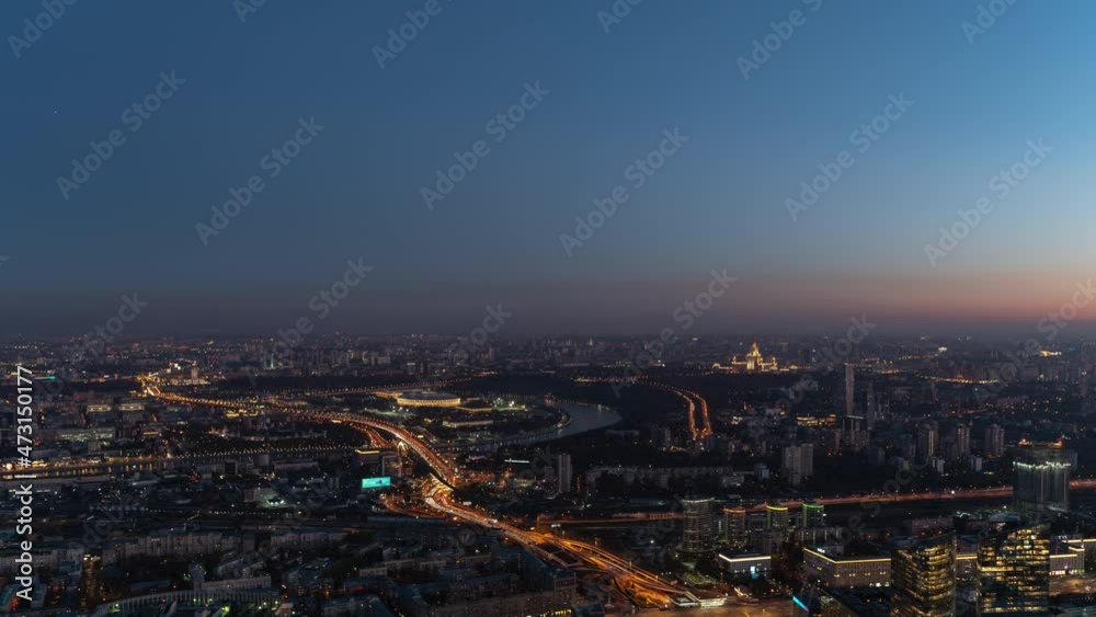 Moscow city panorama day to night timelapse aerial view Moscow city panorama day to night timelapse aerial view