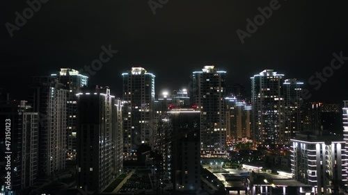 Night city Kiev. Ukraine. Modern architecture. Drone video. Night