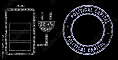 Illuminated polygonal web charge battery icon with glare effect on a black background with round Political Capital corroded seal print. Vector constellation is based on charge battery pictogram,