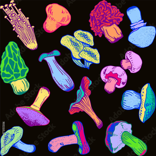 Neon Mushrooms seamless hand-drawn pattern vector