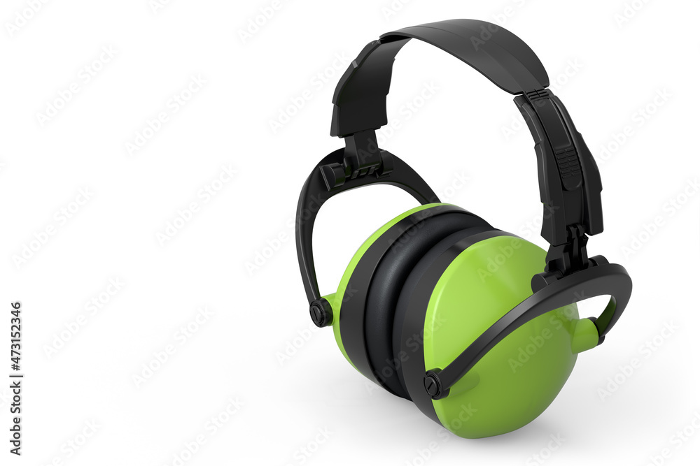Protective green earphones muffs isolated on a white background