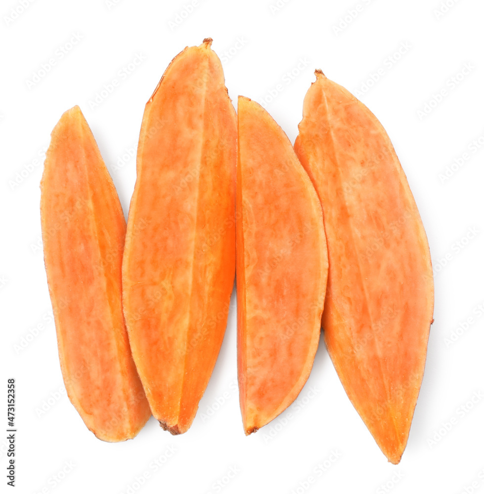 Cut fresh sweet potato on white background, top view Cut fresh sweet potato on white background, top view