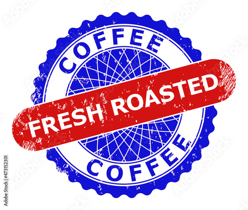 Bicolor COFFEE FRESH ROASTED seal. Blue and red COFFEE FRESH ROASTED seal stamp with rosette and rounded rectangle elements. Rounded rectangle framed COFFEE FRESH ROASTED seal stamp in red,