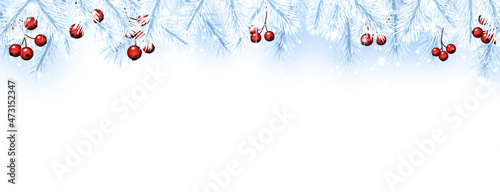 Blue spruce branches with red berries and snow.