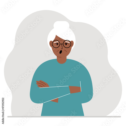 Grandmother is screaming and upset. The arms are crossed over the chest. Vector