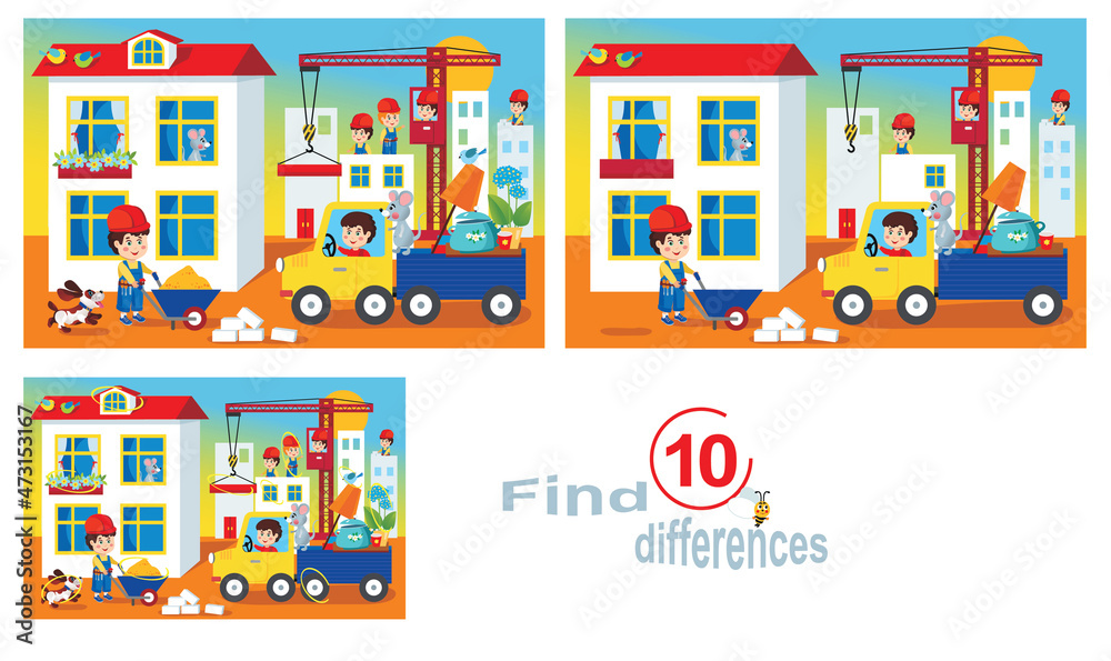 Fototapeta premium Building a house for friends.Find 10 differences, a children's educational game.