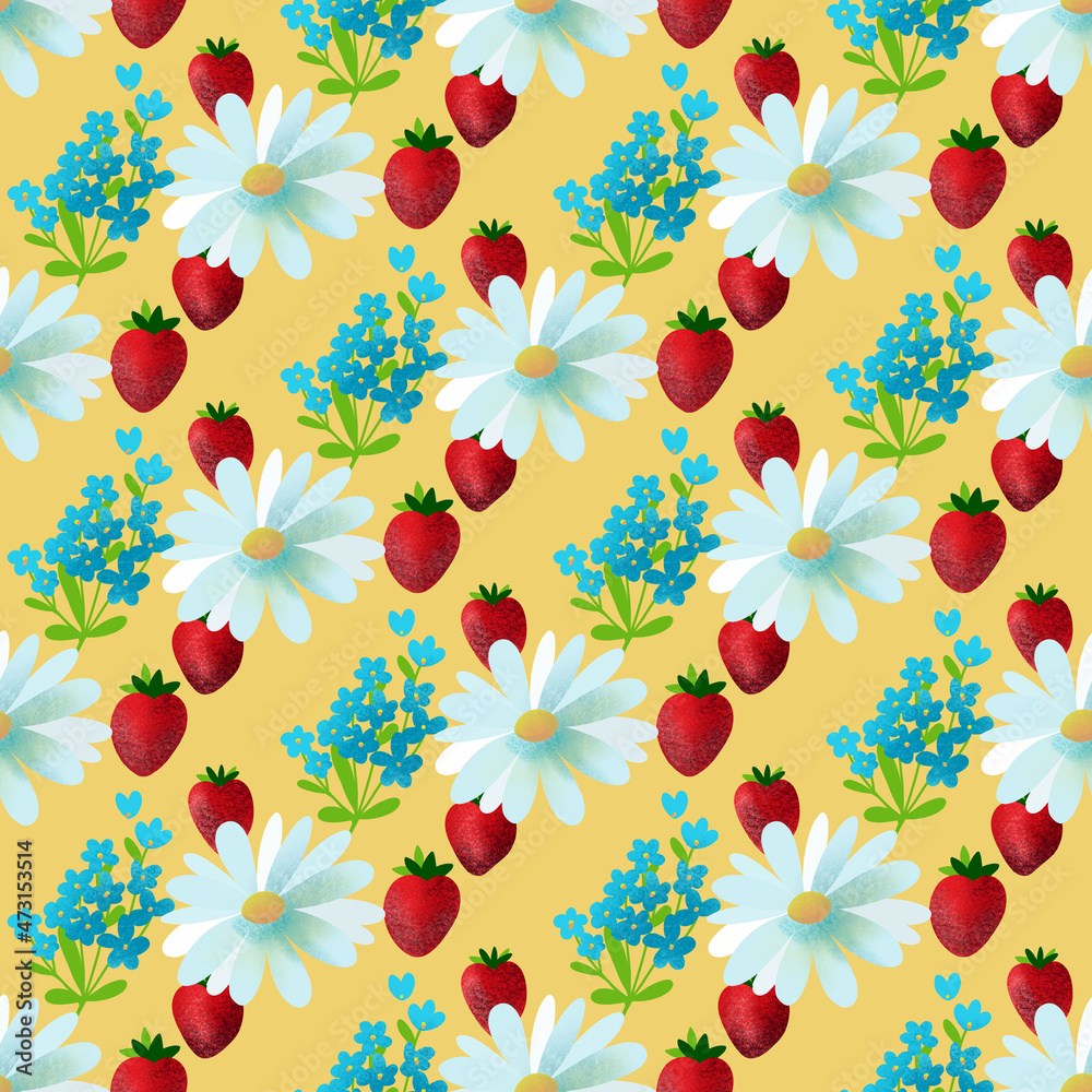 Bright chamomile flowers and strawberries isolated on yellow background