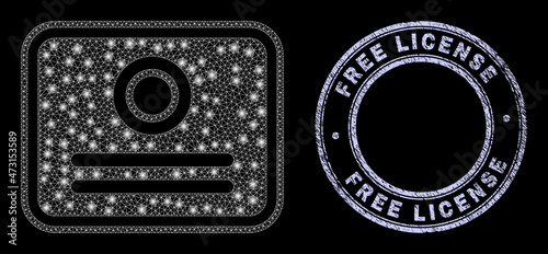 Constellation polygonal mesh net certificate icon with glow effect on a black background with round Free License rubber stamp. Vector constellation generated from certificate icon,