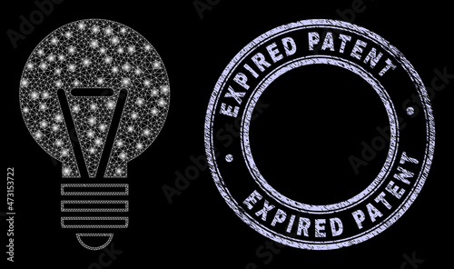 Magic mesh net electric bulb icon with glow effect on a black background, and round Expired Patent corroded seal print. Vector carcass is based on electric bulb icon, white mesh net is used.