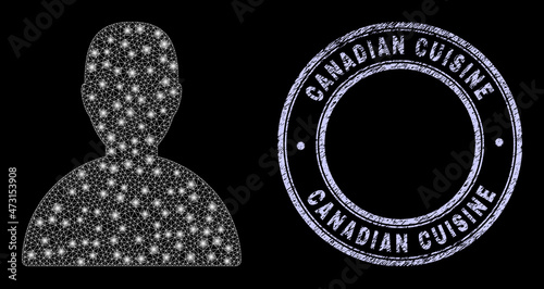 Light mesh net customer icon with glare effect on a black background, and round Canadian Cuisine dirty badge. Vector frame is created from customer pictogram, white colored mesh net is used.
