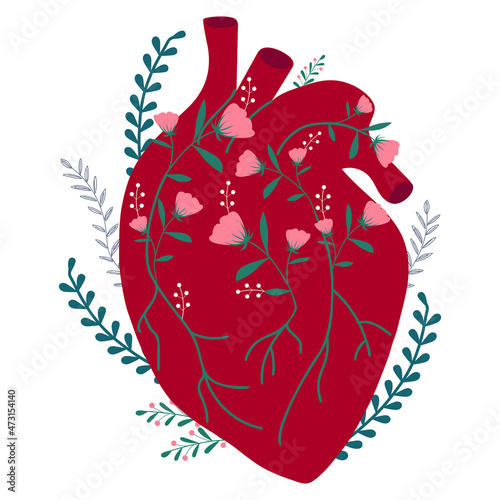 Anatomical hand drawn heart with flowers. colorful illustration for valentine's day greeting card, party invitation. 