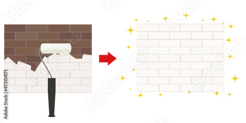 住宅の外壁塗装前と塗装後のイラスト素材　レンガ