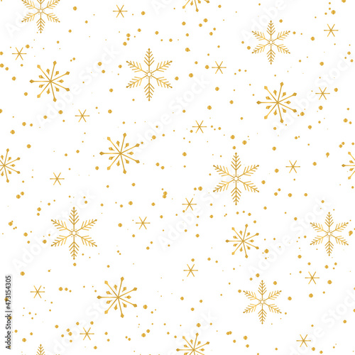 Golden snowflakes and dots on white background. Noble winter christmas seamless repeat pattern. Metallic effect. Perfect for print, background and textile designs. Vector illustration.