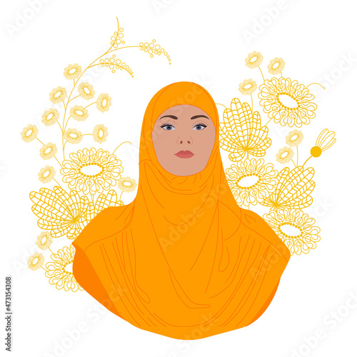 Muslim lady with flowers. Portrait of young woman in hijab. Vector illustration