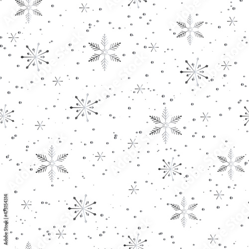Silver snowflakes and dots on white background. Noble winter christmas seamless repeat pattern. Metallic effect. Perfect for print, background and textile designs. Vector illustration.