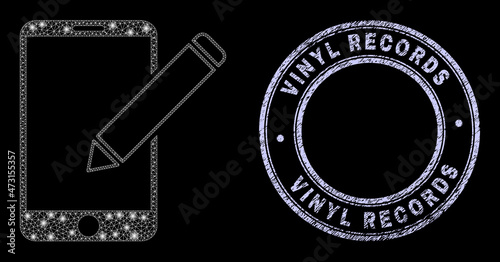 Majestic mesh web edit phone records icon with glitter effect on a black background with round Vinyl Records dirty seal imitation. Vector carcass is based on edit phone records pictogram,