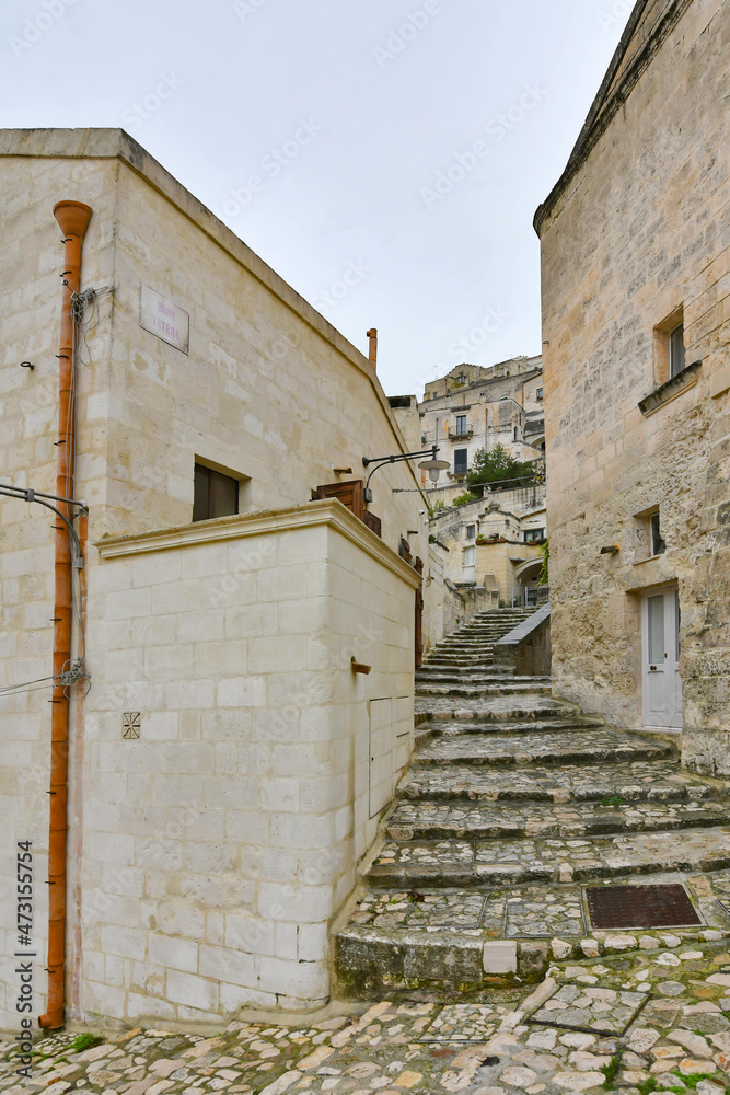 A street in Matera, an ancient city built into the rock. It is located in the Basilicata region.