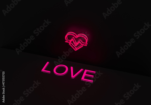 3d glowing icon of heart, love. 3d rendering on the theme of romance, love, relationships. Modern style, dark background.