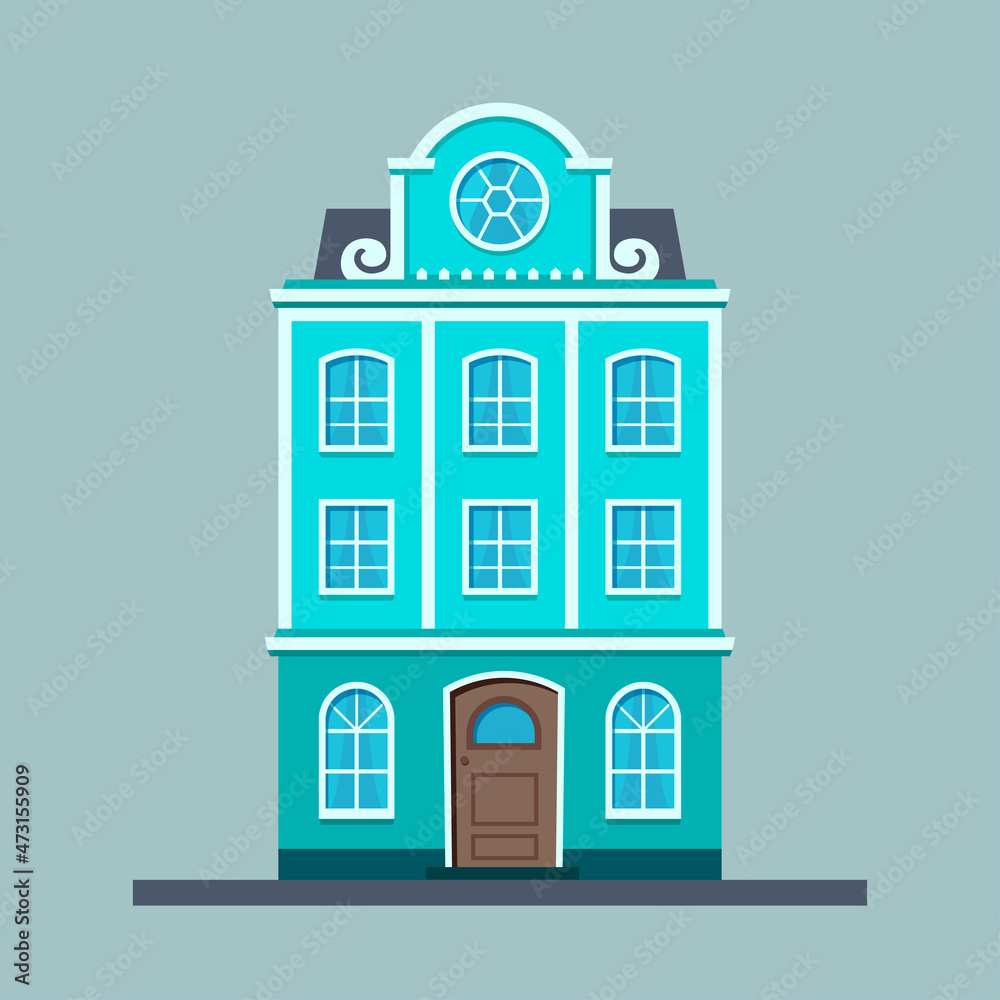 Vector house of blue color. City house on an isolated background. The object is executed in flat style. Illustration of a building with windows, a door and a roof.