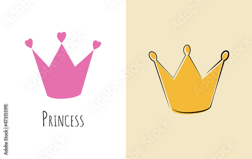 Collection of crowns for girls. Vector crown for the little princess. The silhouette of a pink crown with hearts is drawn in flat force. Simple silhouette of a golden crown on an isolated background.