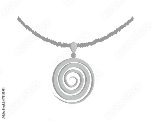 Silver jewelry pendant in the form of a spiral on a chain on a white background