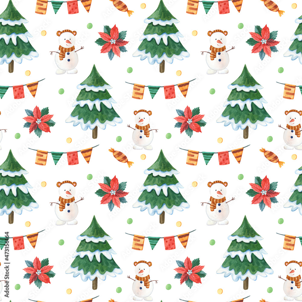 Watercolor Christmas snowman, snowflake, gift box, Christmas tree on white background Watercolor Christmas snowman, snowflake, gift box, Christmas tree on white background