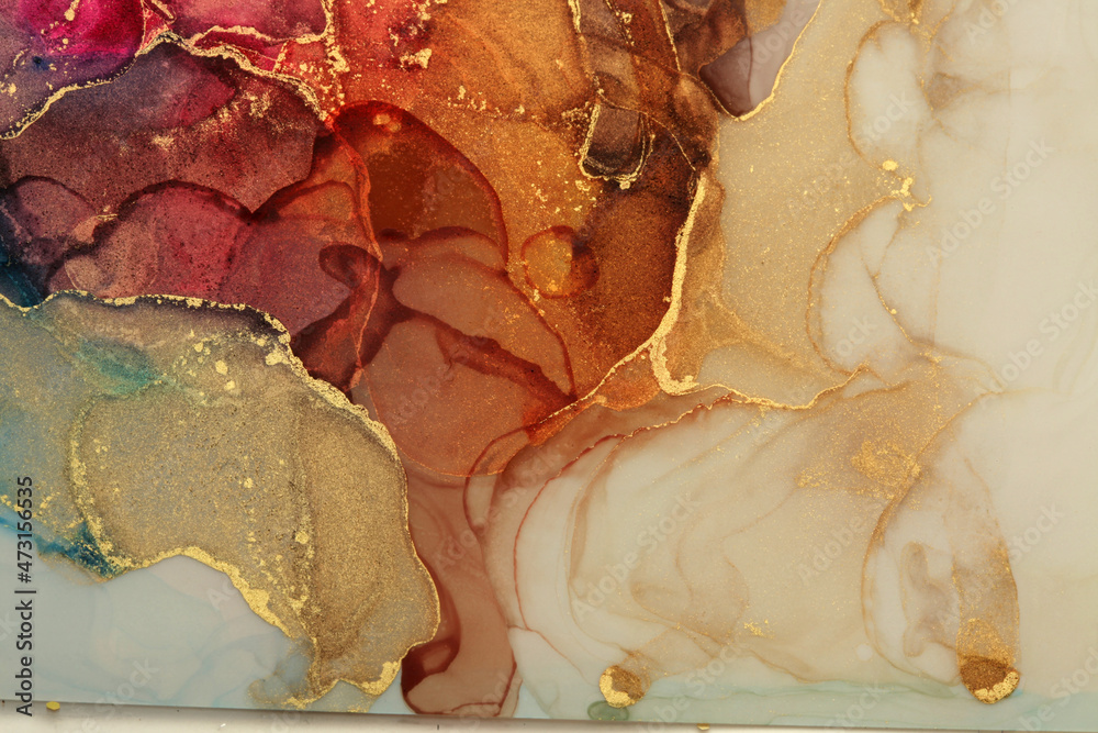 Art Abstract watercolor flow blot painting. Color canvas marble texture background. Gold , bronze glitter Alcohol ink.