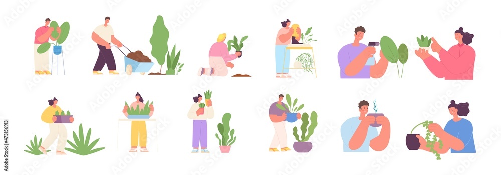 People gardening. Garden farmers working, gardener group with plants. Organic planting, home greens in pots. Person grow flowers utter vector kit