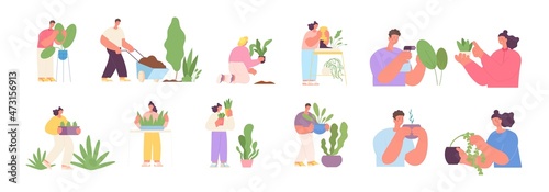 People gardening. Garden farmers working, gardener group with plants. Organic planting, home greens in pots. Person grow flowers utter vector kit