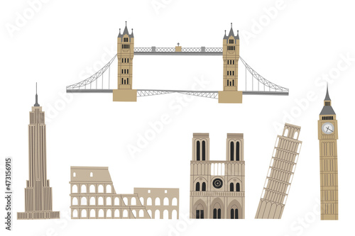 Vector color hand drawn illustration with famous world landmarks. Isolated on white background