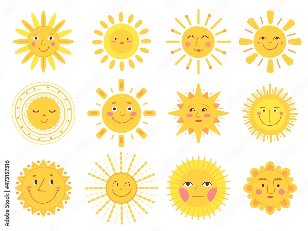 Sun characters. Baby sunshine, comic suns funny faces. Isolated flat  cartoon yellow summer symbols. Doodle hot weather, abstract seasonal decent  vector icons Stock Vector | Adobe Stock