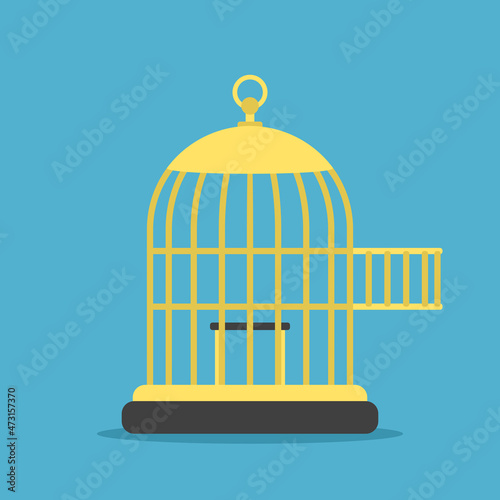 Empty open golden bird cage. Freedom, liberation, amnesty, pets, jail break, wealth and luxury concept. Flat design. Vector illustration. EPS 8, no gradients, no transparency