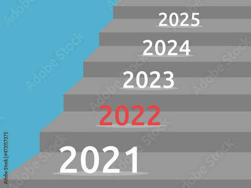 2022 text on stair among others. New Year, time, future, past, progress, development and growth concept. Flat design. Vector illustration. EPS 8, no gradients, no transparency