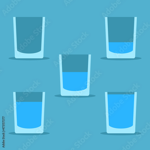 Water glass set, empty, part, half and full. Drink, nutrition, attitude, mindset, optimism and pessimism concept. Flat design. Vector illustration. EPS 8, no gradients, no transparency
