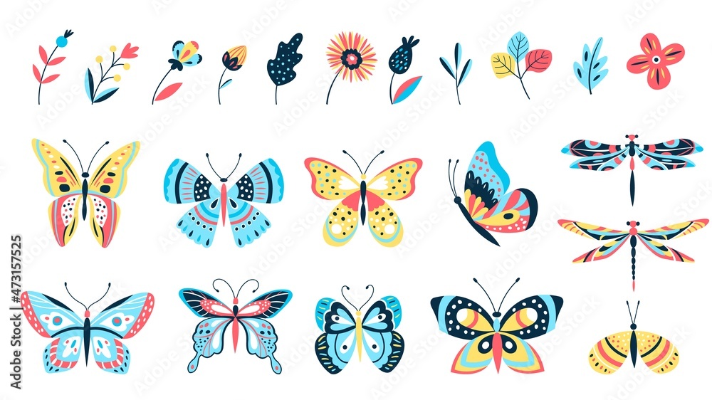 Butterflies and flowers. Isolated branch, flower and butterfly. Dragonfly, flying insects and natural elements. Summer spring season vector kit - obrazy, fototapety, plakaty 