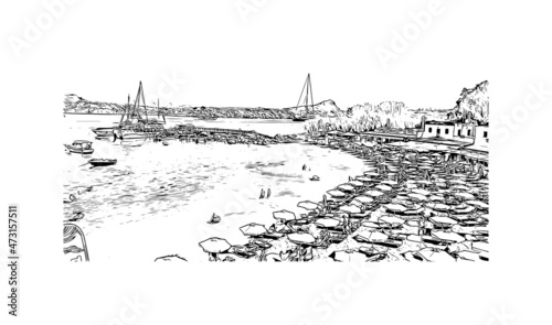 Building view with landmark of Lindos is the 
village in Greece. Hand drawn sketch illustration in vector.