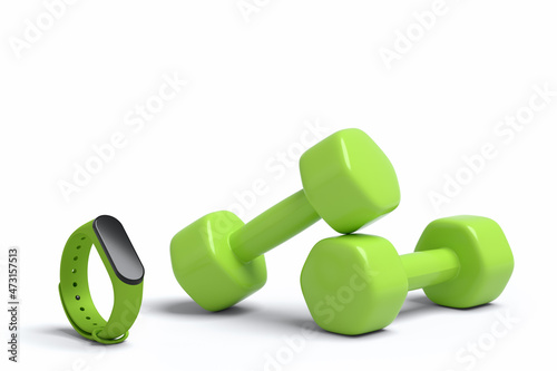 Isometric view of sport equipment like smart watches and dumbbell on white