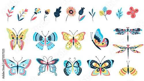 Butterflies and flowers. Isolated branch, flower and butterfly. Dragonfly, flying insects and natural elements. Summer spring season vector kit