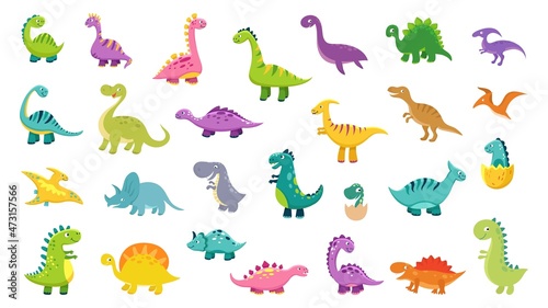 Fototapeta Naklejka Na Ścianę i Meble -  Cute dinosaur set. Cartoon dinos, dinosaurs colorful isolated characters. Tyrannosaurus, triceratop, pterodactyl. Funny prehistoric animals, vector collection for kids
