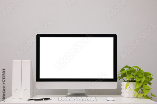 Comfortable workplace with blank computer display and plant on desk near light grey wall. Space for text