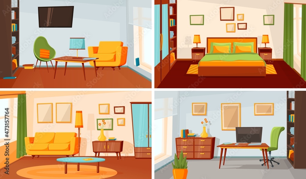 Home interior kit. Living room, bedroom, house library and parlor.  Apartment design, area for life. Cartoon flat with bed, sofa, armchairs  vector illustration Stock Vector | Adobe Stock