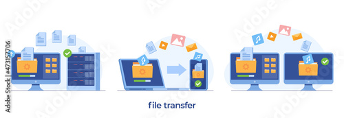 file transfer concept, backup data, document save on storage, technology cloud, upload and download, flat illustration vector template photo