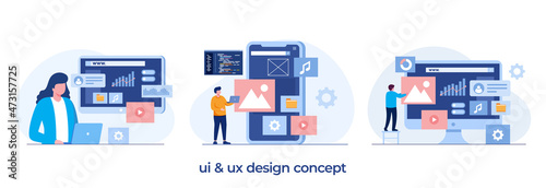 Web design, ui ux and programmer with computer, software development, flat illustration vector template