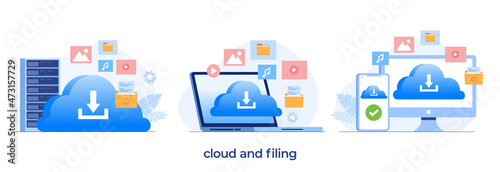 cloud storage and filing, gallery, data, database, data center, file management, flat illustration vector template