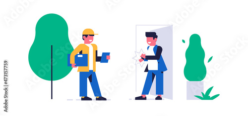 Online parcel delivery service concept. Online service for fast delivery of parcel to your home. The courier brought the box with the order to the client. Flat vector illustration